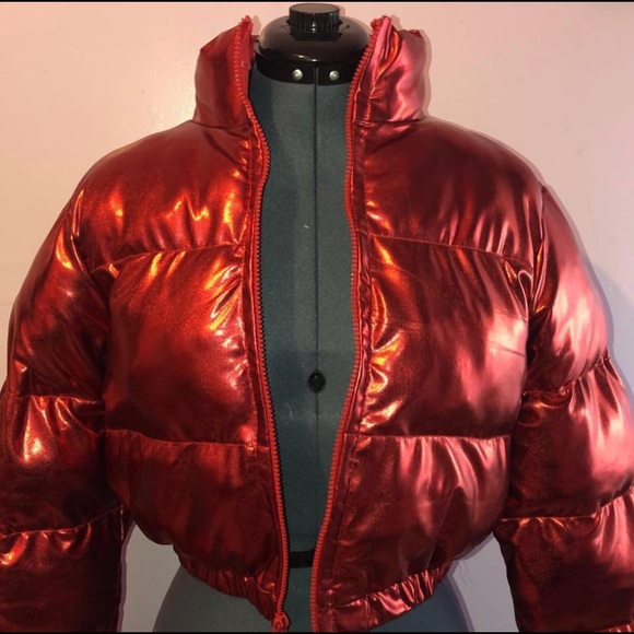 Jackets & Blazers - Red Metallic Cropped Puffer Jacket